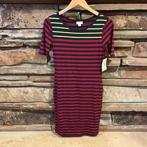 Lularoe Julia Striped Grey, Red, and Yellow T-shirt Dress